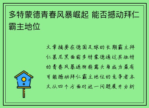 多特蒙德青春风暴崛起 能否撼动拜仁霸主地位