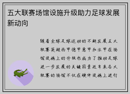 五大联赛场馆设施升级助力足球发展新动向